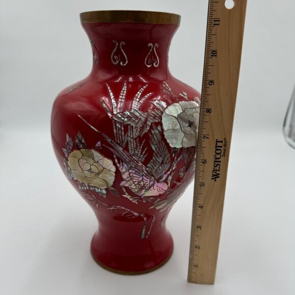 Vntg. Cloisonné Mother of Pearl inlay Red Enamel on Brass VASE 11” tall Large si - Picture 10 of 14